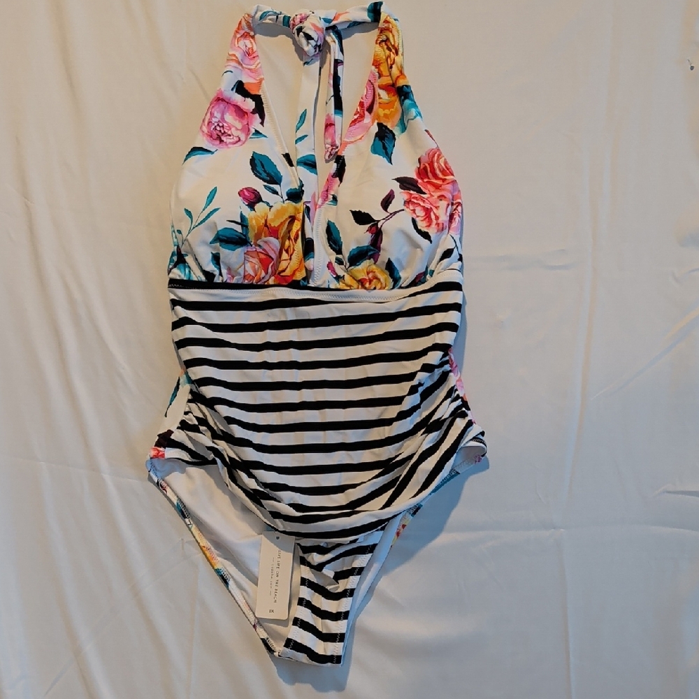 Floral and Striped Halter Swimsuit